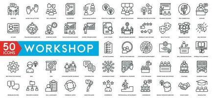 Workshop icon set. Containing team building, collaboration, teamwork, coaching, problem solving and education icons. vector