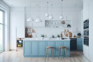 Front view on bright kitchen room interior with panoramic window, photo