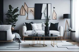 Modern living room interior with frames on the wall, photo