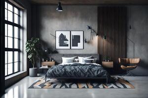 moderno estilo industrial dormitorio interior con hormigón paredes y un metal cama marco. el espacio es acentuado por calentar madera tonos y un geométrico alfombra, ai generado foto