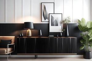 Interior of modern living room with black sideboard over white wall with wooden paneling. Contemporary room with dresser. Home design with poster. 3d rendering, photo