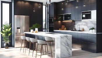 a modern kitchen with a large island and bar stools in the center of the room, with a potted plant on the counter, photo