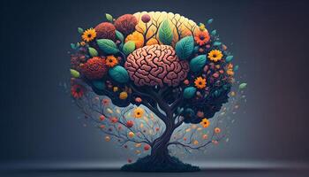 Self-care and mental health idea, human brain tree with flowers, optimistic outlook, and creative mind, photo