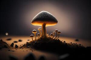 a close-up of a magic mushroom, or psilocybin mushroom, on some dirt, photo