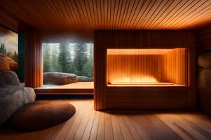 lujoso hogar interior presentando cómodo mueble y elegante de madera arquitectura, ai generado foto