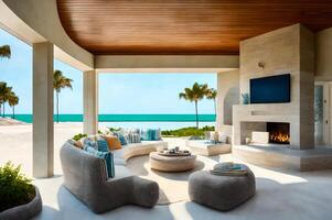 luxury villa with sea view, tranquil patio, palm trees, and elegant living room interior, photo