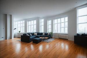 Cozy Interior with Beautiful Wood Flooring and Natural Light, AI Generated photo