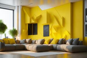 Cozy Yellow Living Room with Luxurious Furniture and Window View, AI Generated photo