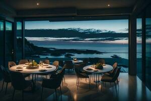 lujoso comida con escénico mar ver a un restaurante, ai generado foto