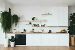 acogedor hogar escaparate cómodo vivo habitación con Doméstico cocina y elegante interior diseño, ai generado foto