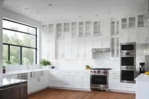 lujoso cocina con madera pisos, gabinetes y ventana, ai generado foto