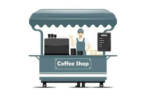 Cartoon coffee shop cart with male salesperson on isolated background, Digital marketing illustration. vector