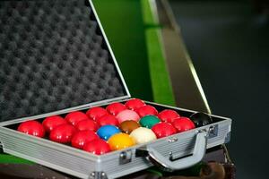 Man's hand and Cue arm playing snooker game or preparing aiming to shoot pool balls on a green billiard table. Colorful snooker balls on green frieze. photo