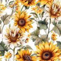 Seamless pattern with sunflowers. Watercolor illustration photo