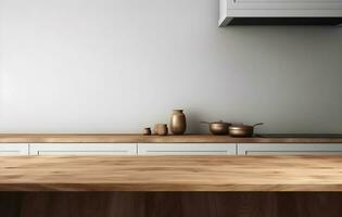 Wooden table in modern kitchen, blurred background photo