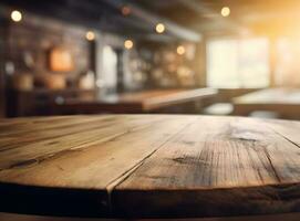 Empty wooden table over blurred bokeh background, product display montage photo