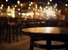 Empty wooden table over blurred bokeh background, product display montage photo