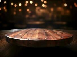 Empty wooden table over blurred bokeh background, product display montage photo