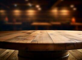 Empty wooden table over blurred bokeh background, product display montage photo