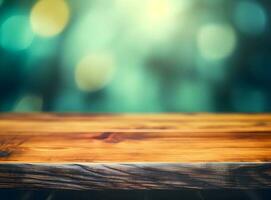 Empty wooden table over blurred bokeh background, product display montage photo