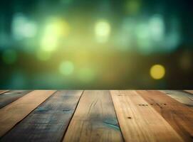 Empty wooden table over blurred bokeh background, product display montage photo