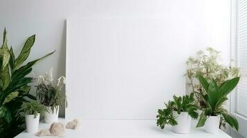 Empty white banner with mock up space white of signboard on plants wall space for text photo