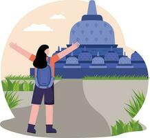 mujer yendo mochilero a borobudur templo ilustración vector