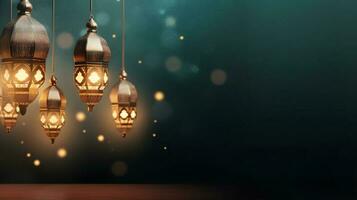 Festive Ramadan holiday composition, web banner. Golden ornamental Moroccan lantern and star shaped confetti background. Iftar party, Eid ul Fitr or Eid al Adha flatlay. AI Generated photo