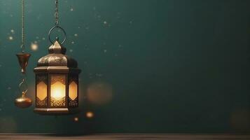 Festive Ramadan holiday composition, web banner. Golden ornamental Moroccan lantern and star shaped confetti background. Iftar party, Eid ul Fitr or Eid al Adha flatlay. AI Generated photo