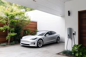 Electric car on home charging station. Ai Generated photo