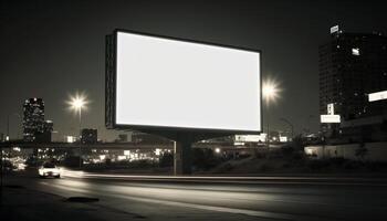 Billboard Mockup. Digital Media Blank billboard, signboard for product advertisement, design, advertising light box billboard. Billboard Mockup against night city background, copy space. photo