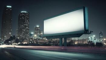 Billboard Mockup. Digital Media Blank billboard, signboard for product advertisement, design, advertising light box billboard. Billboard Mockup against night city background, copy space. photo