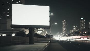 Billboard Mockup. Digital Media Blank billboard, signboard for product advertisement, design, advertising light box billboard. Billboard Mockup against night city background, copy space. photo