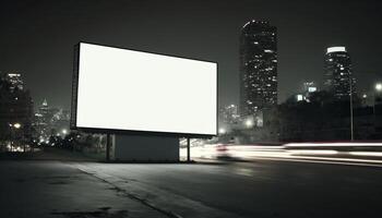 Billboard Mockup. Digital Media Blank billboard, signboard for product advertisement, design, advertising light box billboard. Billboard Mockup against night city background, copy space. photo