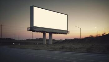 Billboard Mockup. Digital Media Blank billboard, signboard for product advertisement, design, advertising light box billboard. Billboard Mockup against night city background, copy space. photo