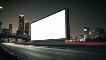 Billboard Mockup. Digital Media Blank billboard, signboard for product advertisement, design, advertising light box billboard. Billboard Mockup against night city background, copy space. photo