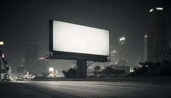 Billboard Mockup. Digital Media Blank billboard, signboard for product advertisement, design, advertising light box billboard. Billboard Mockup against night city background, copy space. photo