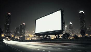 Billboard Mockup. Digital Media Blank billboard, signboard for product advertisement, design, advertising light box billboard. Billboard Mockup against night city background, copy space. photo