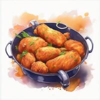 Chicken wings in a frying pan. image. Watercolor. photo
