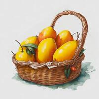 Mangoes in a picnic basket. AI generated image. photo