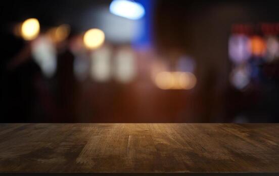 Empty dark wooden table in front of abstract blurred bokeh background of restaurant . can be used for display or montage your products.Mock up for space. photo