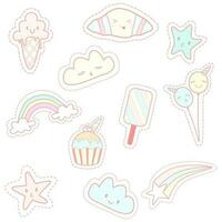 Vector - Set cute cartoon of ice cream, croissant, cup cake, cloud and star.