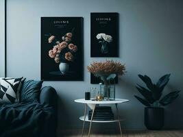 Living room interior design with sofa and chair and flowers on table and mockups poster of flowers photo