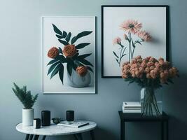 vivo habitación interior diseño con sofá y silla y flores en mesa y maquetas póster de flores foto