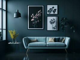 Living room interior design with sofa and chair and flowers on table and mockups poster of flowers photo
