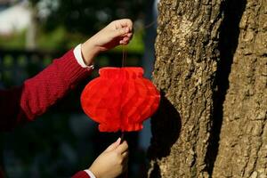 Asian Woman holding red Chinese new year lantern while decorated flat putting traditional pendant to the Chinese New Year Celebrations for good luck. chinese word means blessing. photo