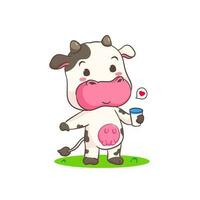 Cute cow holding milk cartoon character. Adorable animal concept design. Isolated white background. Vector illustration