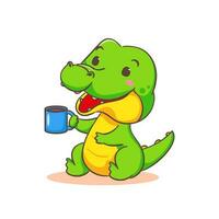 Cute crocodile drinking coffee cartoon character on white background vector illustration. Funny Alligator Predator Green Adorable animal concept design.