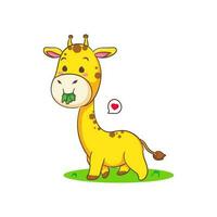 linda contento jirafa comiendo césped dibujos animados personaje en blanco antecedentes vector ilustración. gracioso adorable animal concepto diseño.