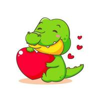 Cute crocodile hug big love heart cartoon character on white background vector illustration. Funny Alligator Predator Green Adorable animal concept design.